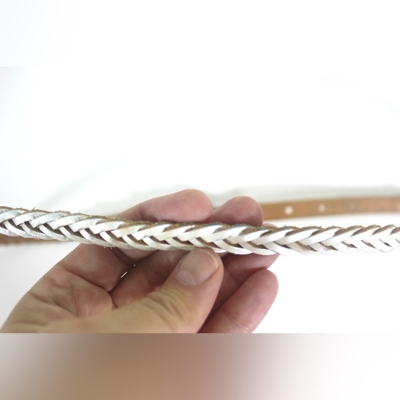 Pearlized Skinny White Silver Platinum Woven Braided Leather Belt, Narrow Silver - Picture 8 of 9